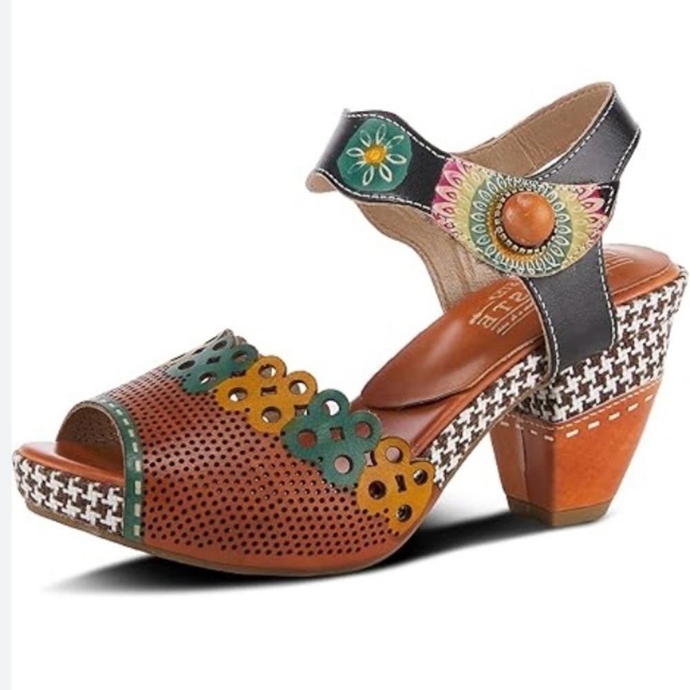 Spring Step L’Artiste Sandal Jive 1/4 Strap Multicolour Tan Black Brown H3”40 8